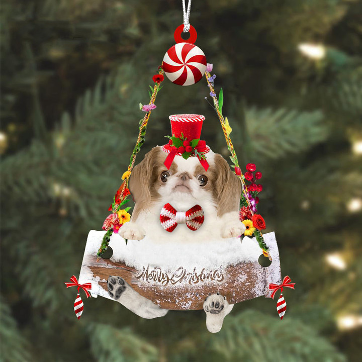 Japanese Chin Hugging Wood Merry Christmas Ornament