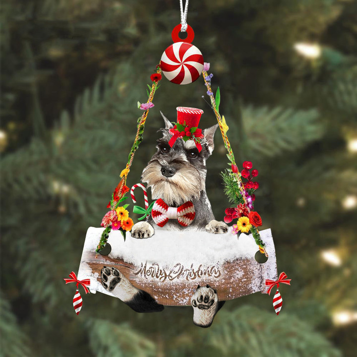 Miniature Schnauzer Hugging Wood Merry Christmas Ornament