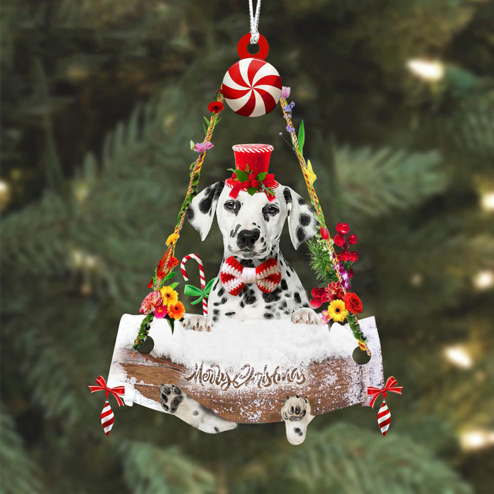 Dalmatian Hugging Wood Merry Christmas Ornament