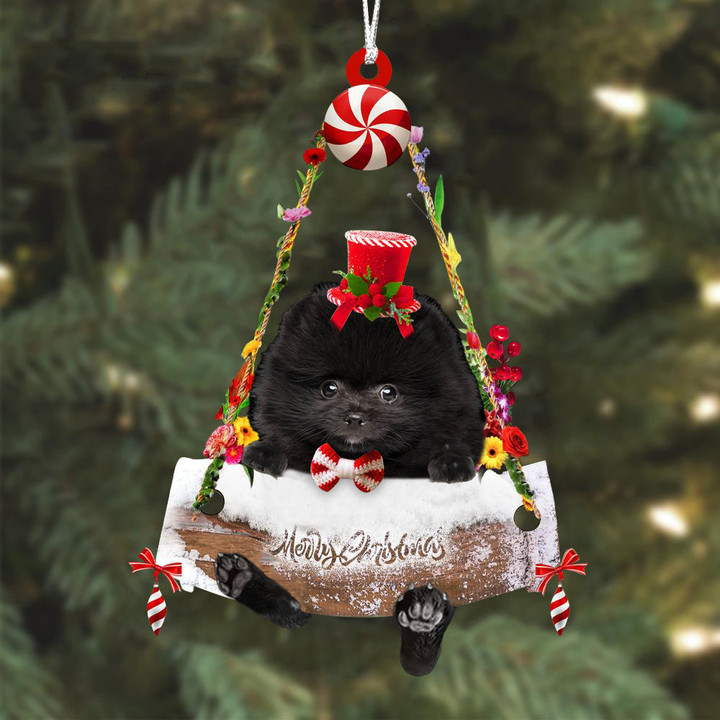 Pomeranian Black Hugging Wood Merry Christmas Ornament
