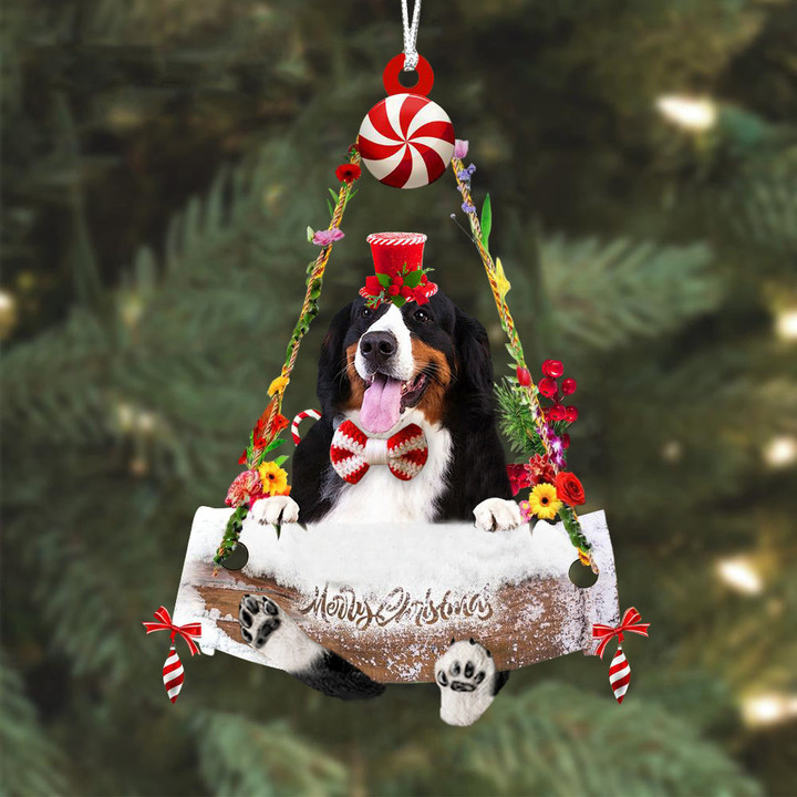 Bernese Mountain Dog Hugging Wood Merry Christmas Ornament