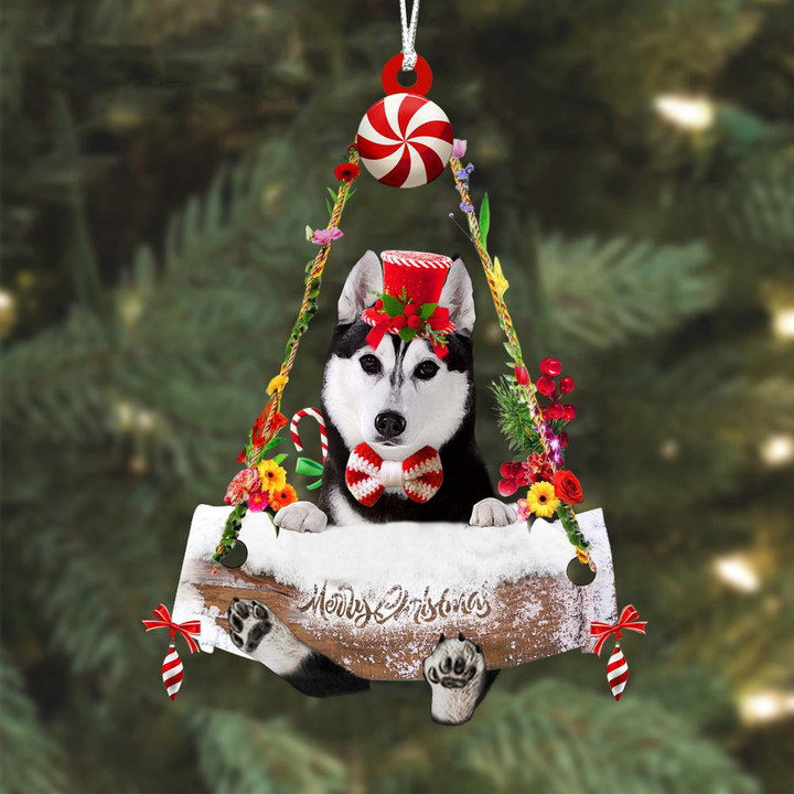 Husky Hugging Wood Merry Christmas Ornament