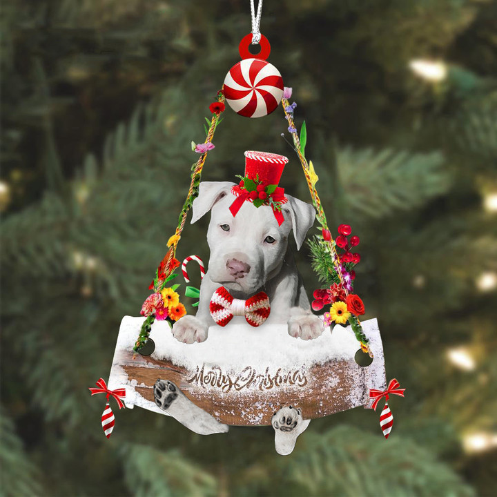 Staffordshire Bull Terrier White Hugging Wood Merry Christmas Ornament
