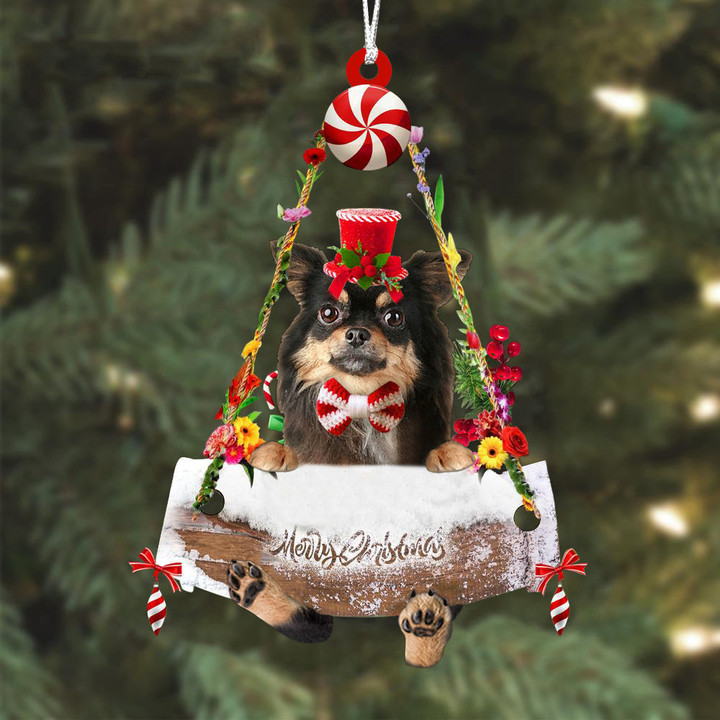 Long Haired Chihuahua Hugging Wood Merry Christmas Ornament