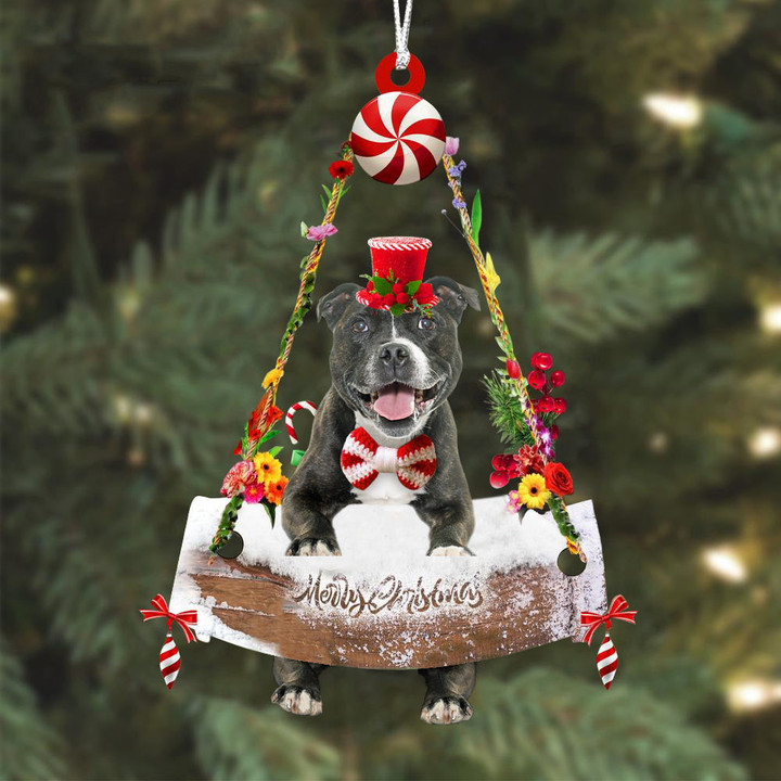 Pitbull Hugging Wood Merry Christmas Ornament