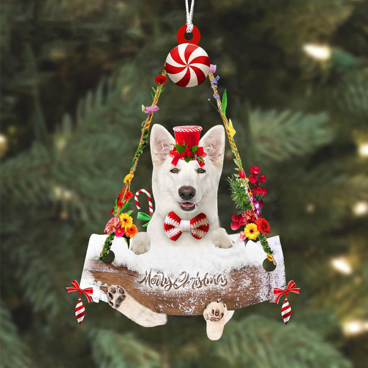 German Shepherd White Hugging Wood Merry Christmas Ornament