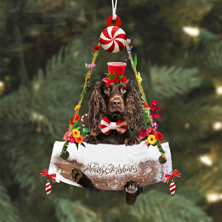 Boykin Spaniel Hugging Wood Merry Christmas Ornament