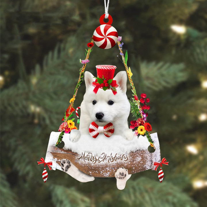 Husky White Hugging Wood Merry Christmas Ornament