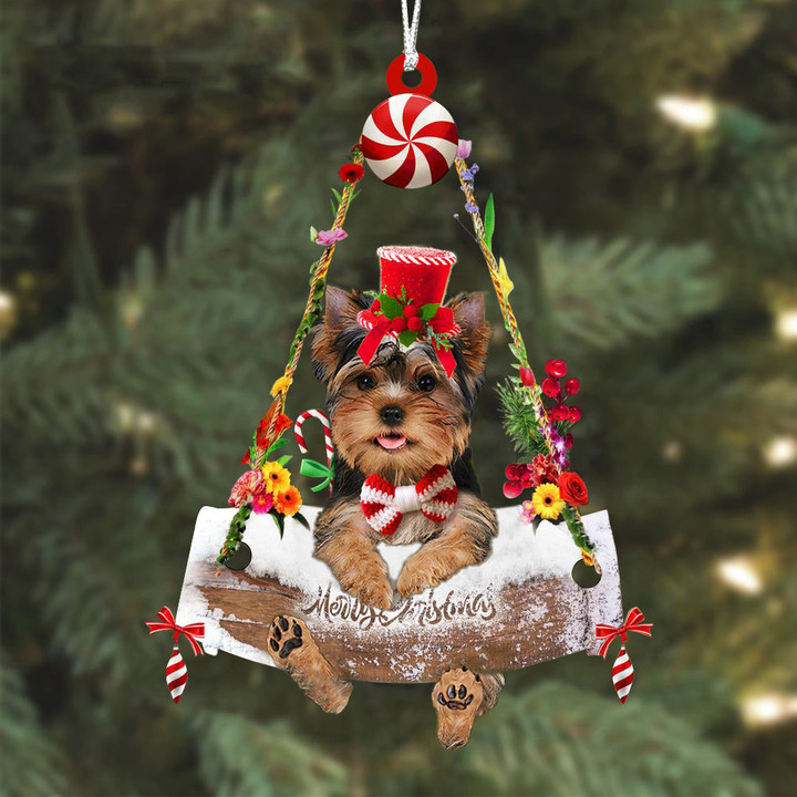 Yorkshire Terrier Hugging Wood Merry Christmas Ornament