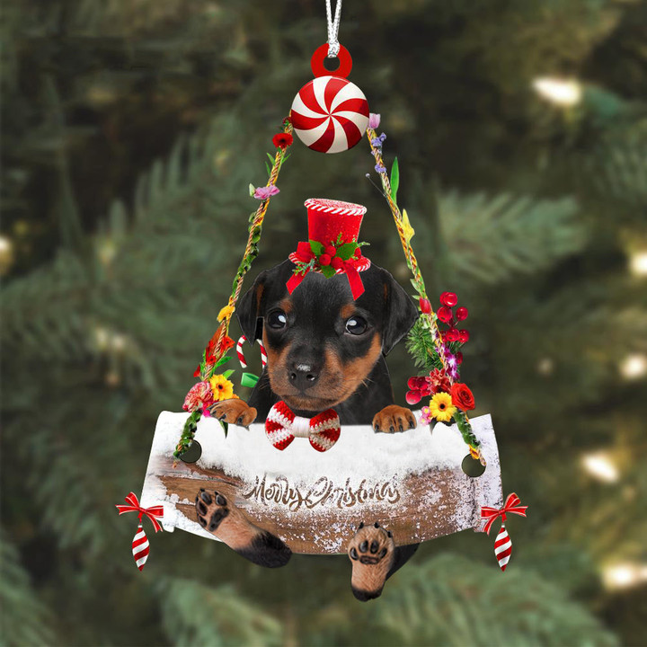 Miniature Pinscher Hugging Wood Merry Christmas Ornament