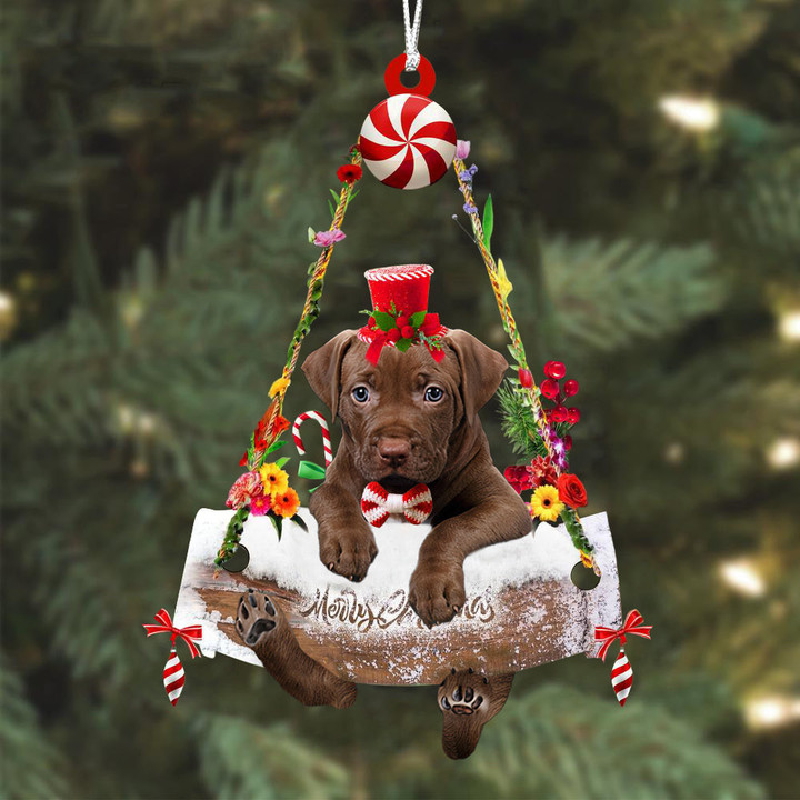 Pitbull 6 Hugging Wood Merry Christmas Ornament