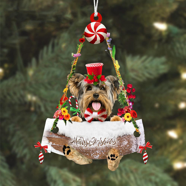 Yorkshire Terrier 3 Hugging Wood Merry Christmas Ornament