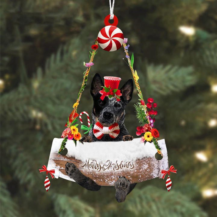 Blue Heeler 2 Hugging Wood Merry Christmas Ornament