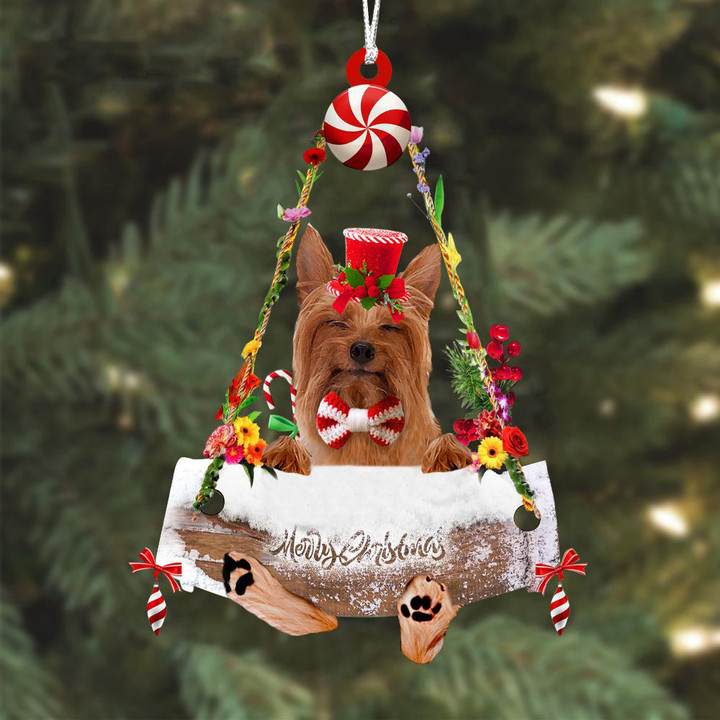 Silky Terrier Hugging Wood Merry Christmas Ornament
