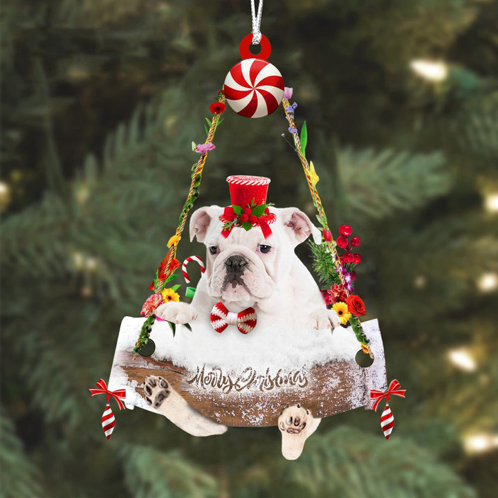 English Bulldog White Hugging Wood Merry Christmas Ornament