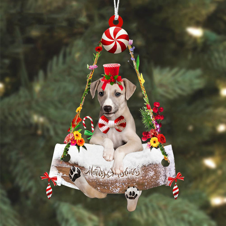 Greyhound 2 Hugging Wood Merry Christmas Ornament