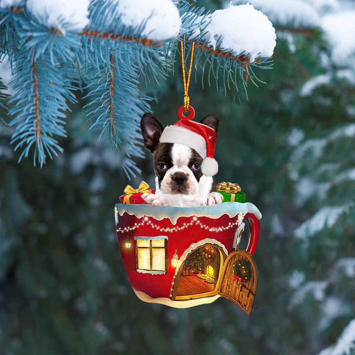 BRINDLE Boston Terrier In Red House Cup Merry Christmas Ornament