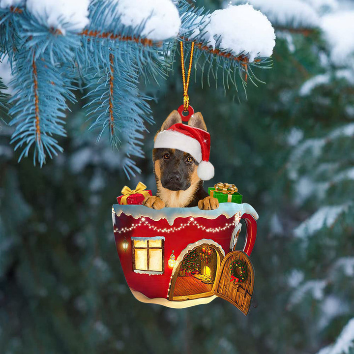 German Shepherd In Red House Cup Merry Christmas Ornament