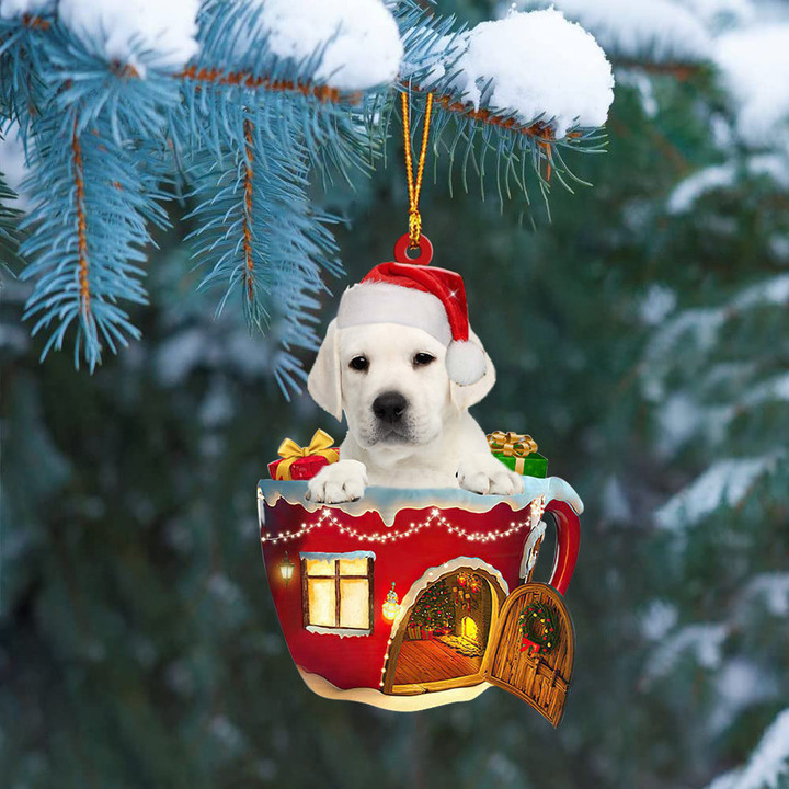 WHITE Labrador In Red House Cup Merry Christmas Ornament