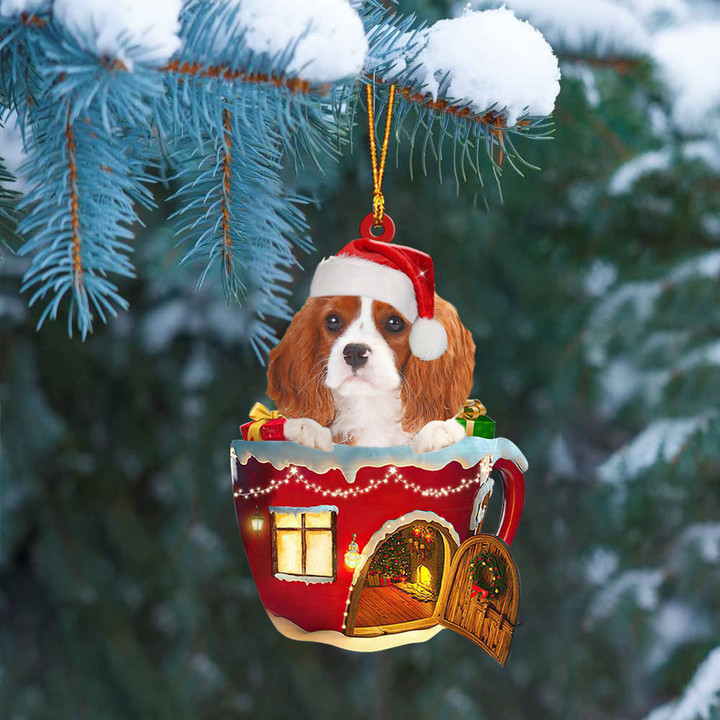 Cavalier King Charles Spaniel  2 In Red House Cup Merry Christmas Ornament