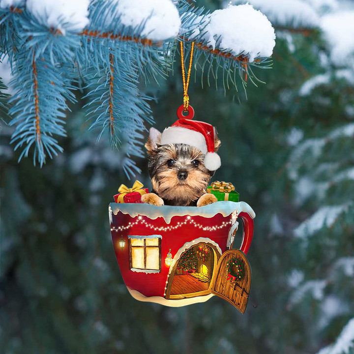YorkShire Terrier In Red House Cup Merry Christmas Ornament