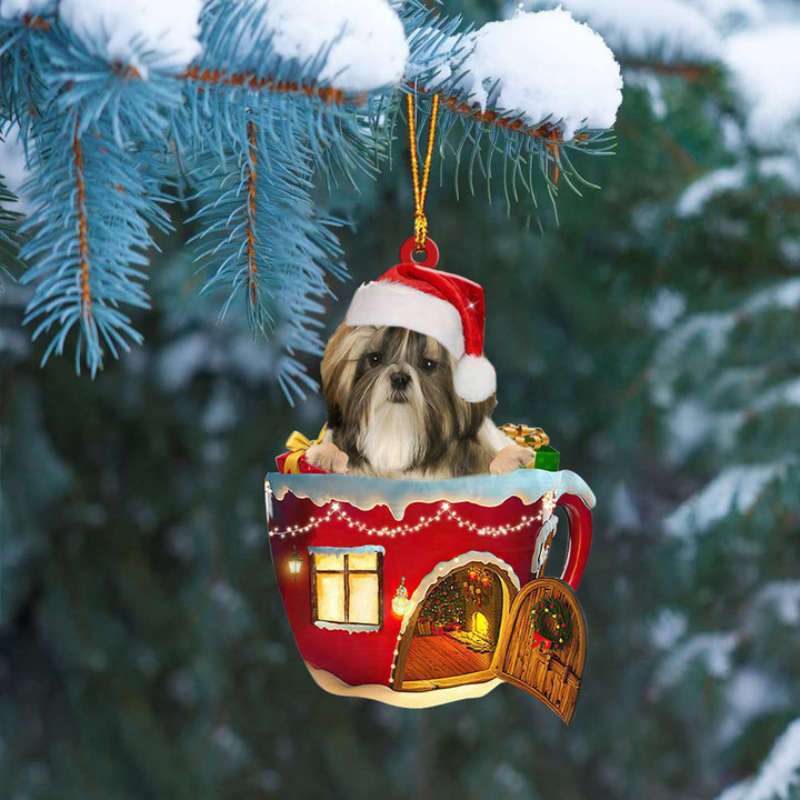 Shih Tzu In Red House Cup Merry Christmas Ornament