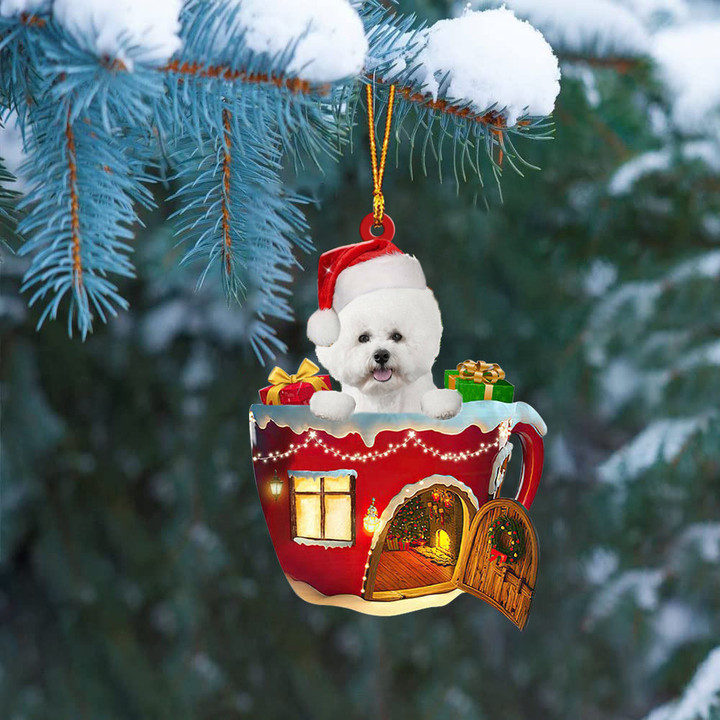 WHITE Bichon Frise In Red House Cup Merry Christmas Ornament