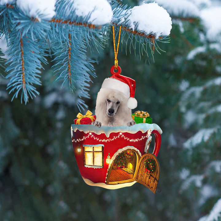WHITE Standard Poodle In Red House Cup Merry Christmas Ornament