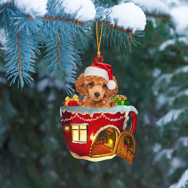 RED Toy Poodle In Red House Cup Merry Christmas Ornament