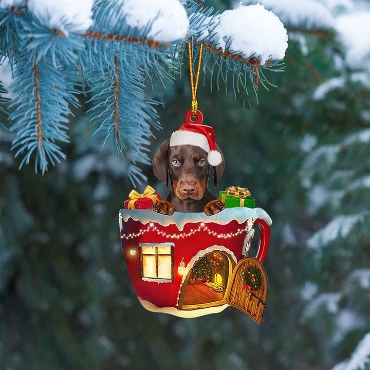 Dobermann. In Red House Cup Merry Christmas Ornament