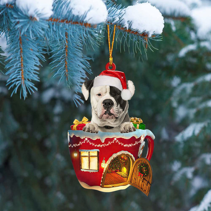 American Bulldog2 In Red House Cup Merry Christmas Ornament