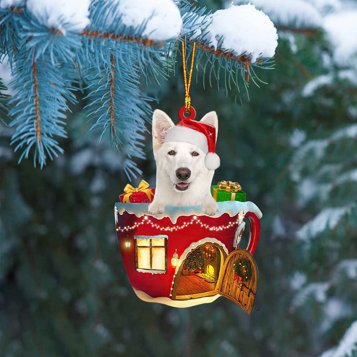 WHITE German Shepherd In Red House Cup Merry Christmas Ornament