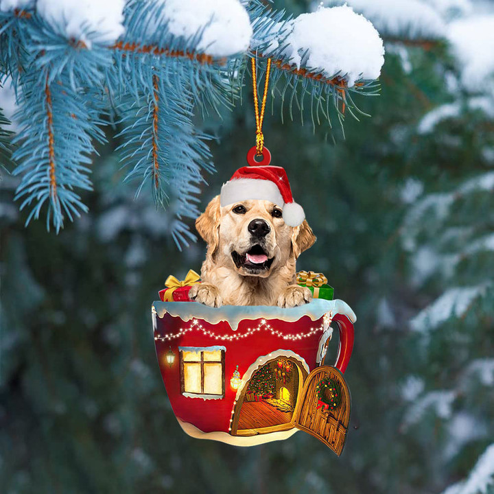 Golden Retriever In Red House Cup Merry Christmas Ornament