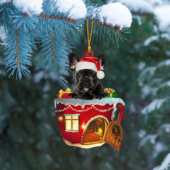 BLACK French Bulldog In Red House Cup Merry Christmas Ornament