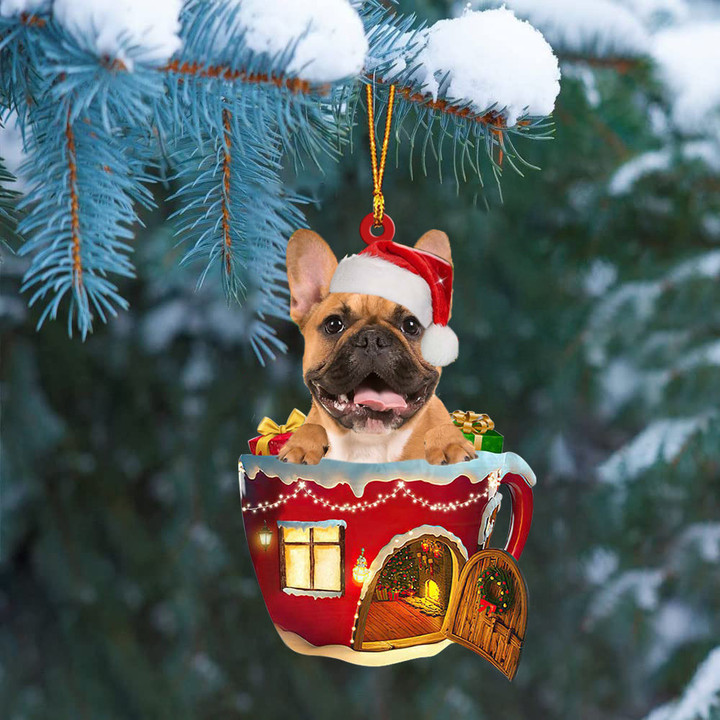 brown French Bulldog In Red House Cup Merry Christmas Ornament