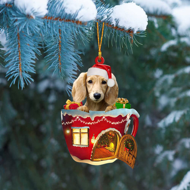 CREAM Long haired Dachshund In Red House Cup Merry Christmas Ornament