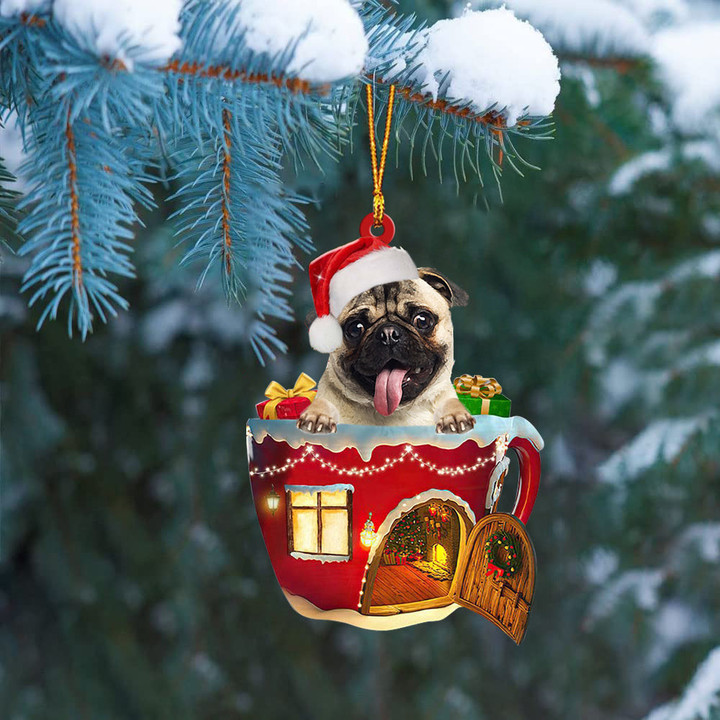 FAWN Pug In Red House Cup Merry Christmas Ornament