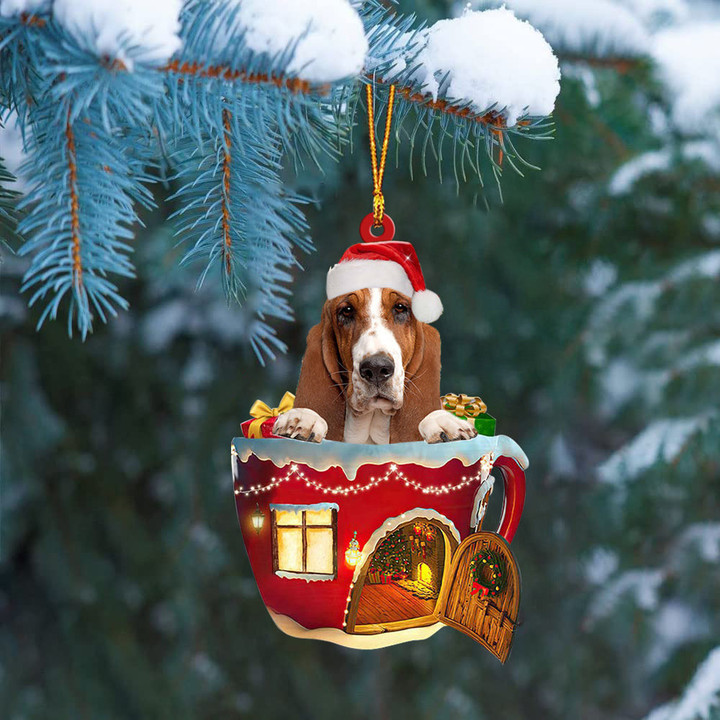 Basset Hound In Red House Cup Merry Christmas Ornament