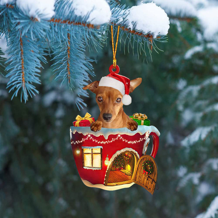 RED Miniature Pinscher In Red House Cup Merry Christmas Ornament