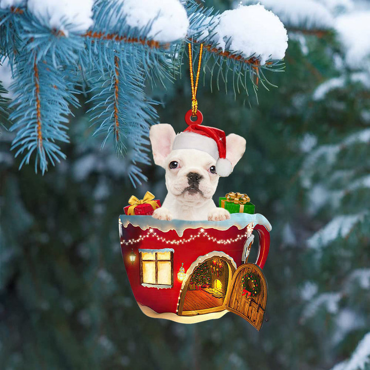 WHITE French Bulldog In Red House Cup Merry Christmas Ornament