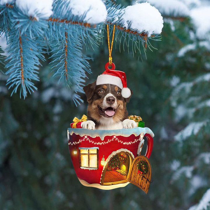 Australian Shepherd In Red House Cup Merry Christmas Ornament