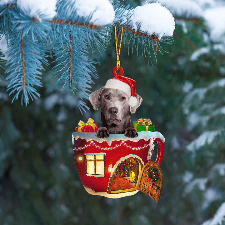 SILVER Labrador In Red House Cup Merry Christmas Ornament