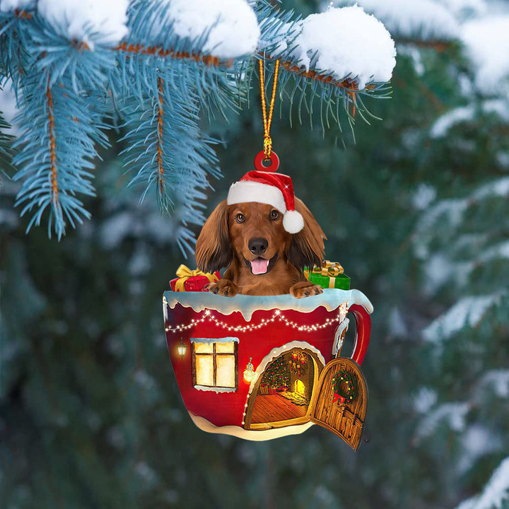 RED LONG HAIRED Dachshund In Red House Cup Merry Christmas Ornament