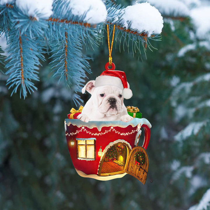 WHITE English Bulldog In Red House Cup Merry Christmas Ornament