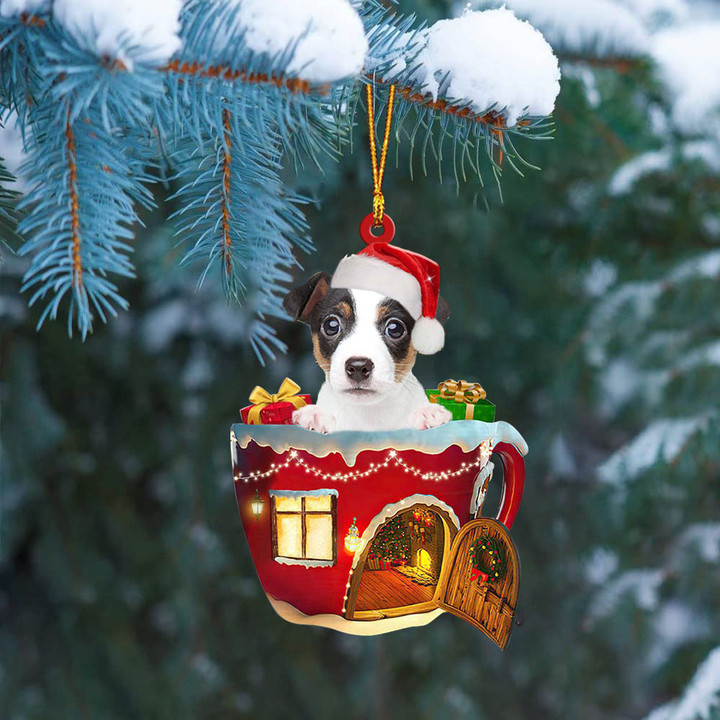 Jack Russell Terrier .In Red House Cup Merry Christmas Ornament