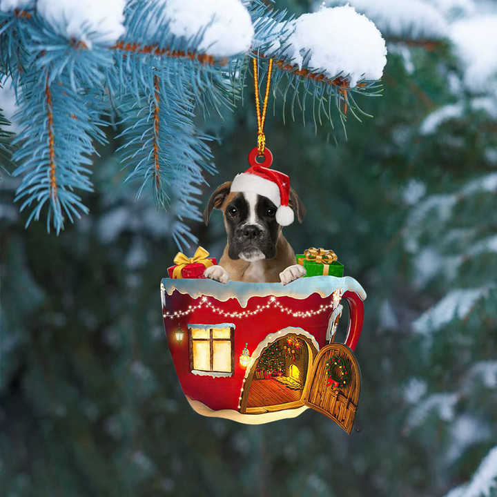 BROWN Boxer In Red House Cup Merry Christmas Ornament