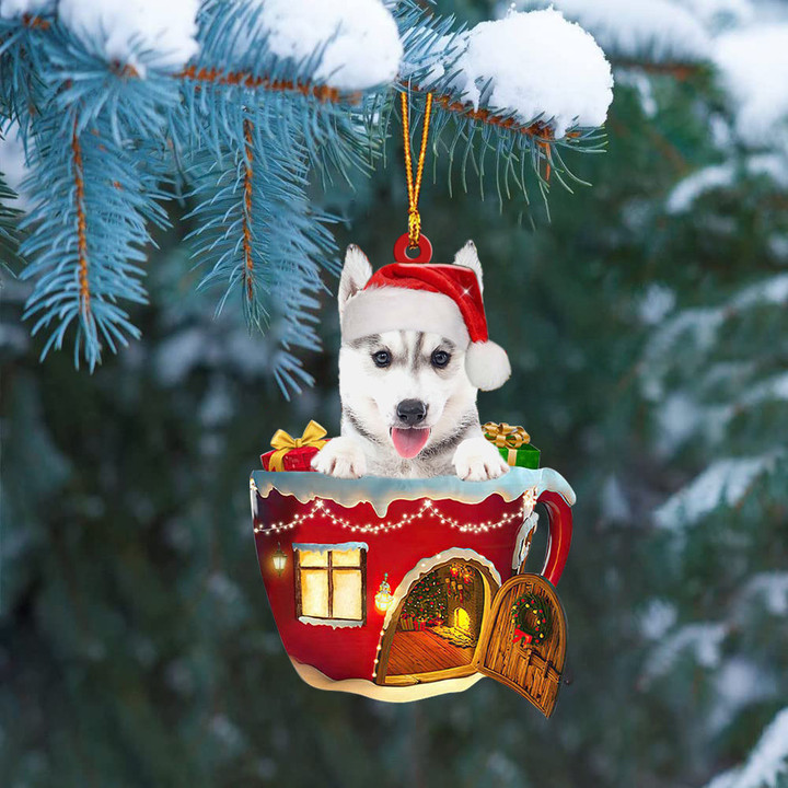 Husky In Red House Cup Merry Christmas Ornament