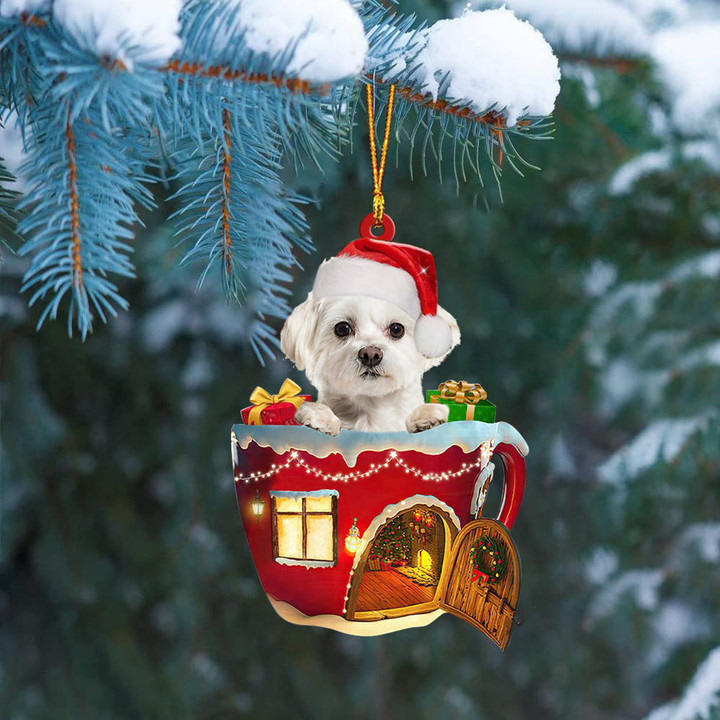 WHITE Maltese In Red House Cup Merry Christmas Ornament