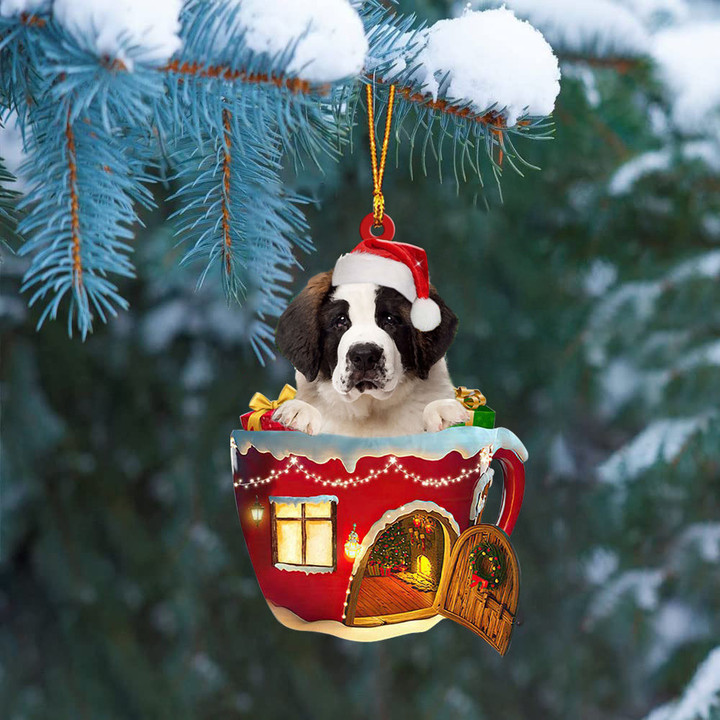 Saint Bernard In Red House Cup Merry Christmas Ornament