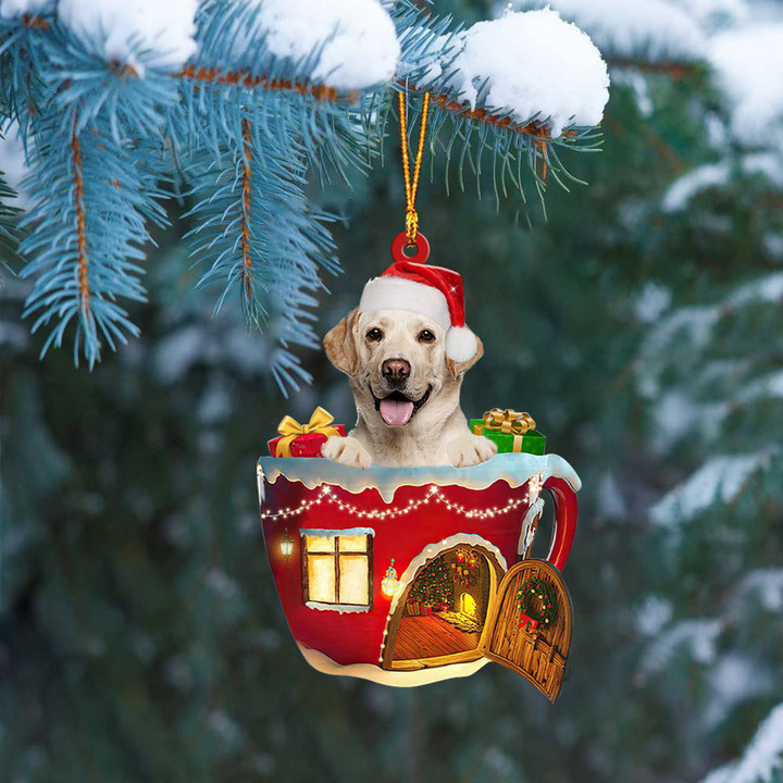 YELLOW Labrador In Red House Cup Merry Christmas Ornament